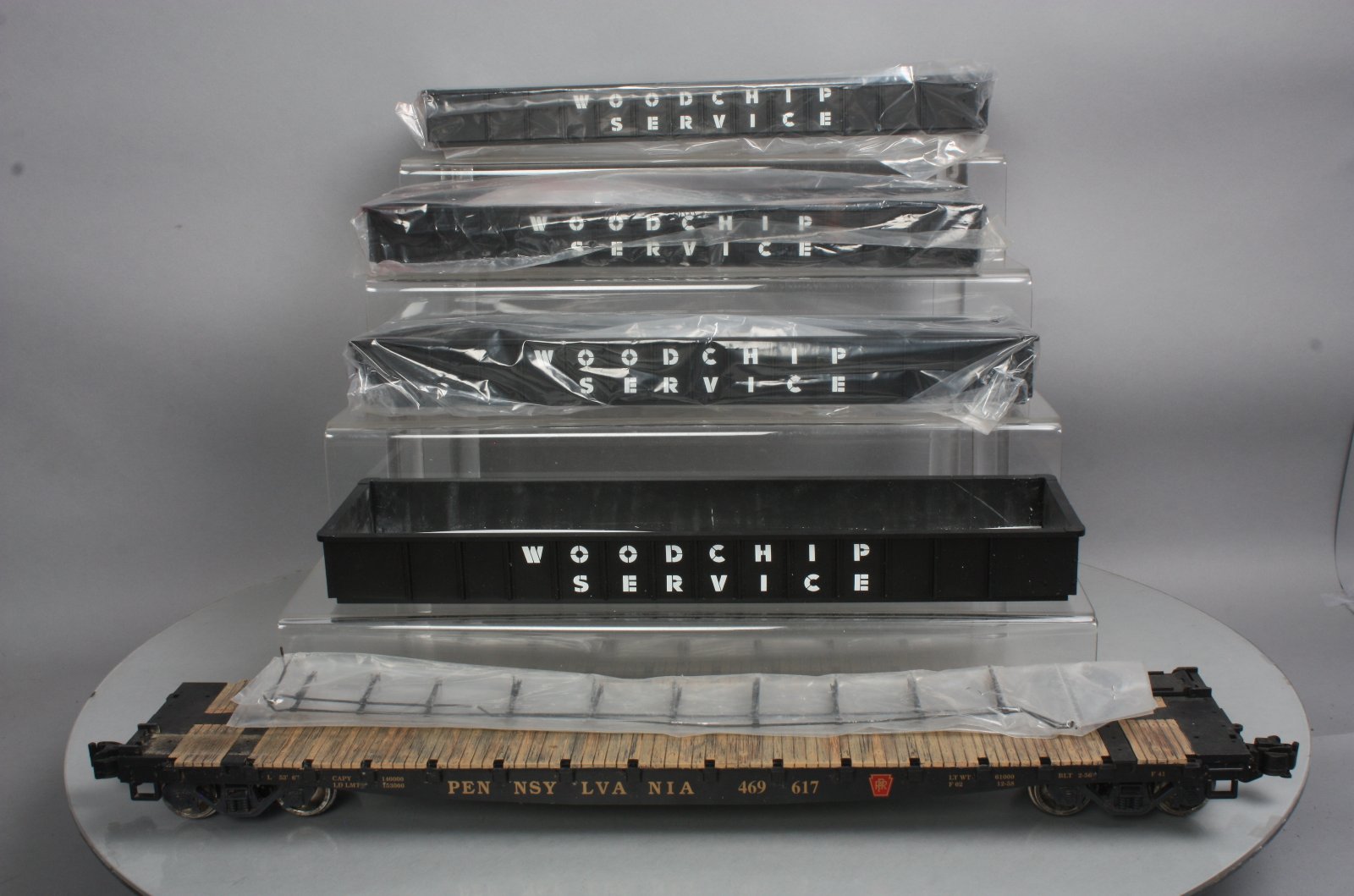 USA Trains G Scale Wood Chip Hopper Extensions & PRR Flatcar w/Metal