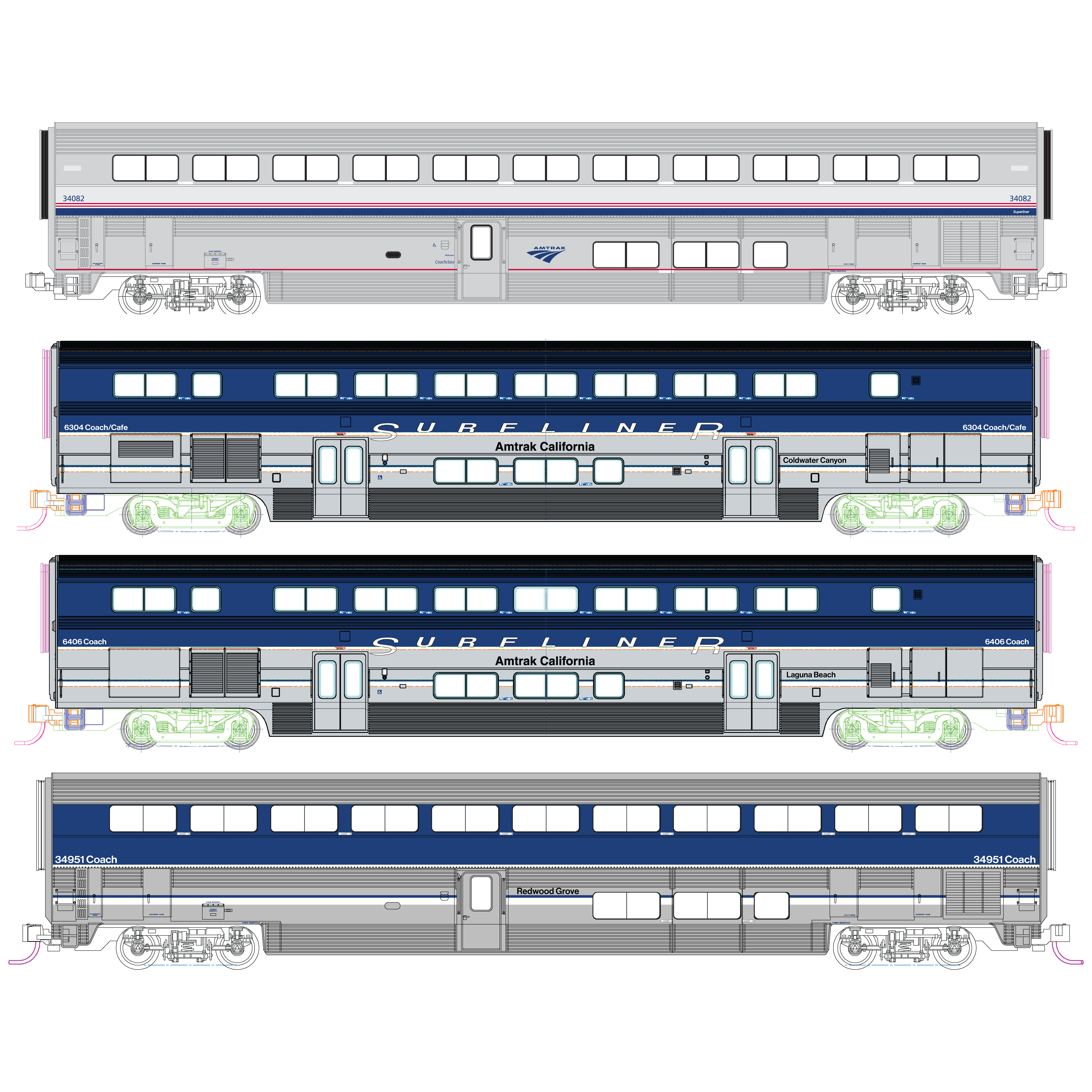 Kato 106-9002-1 N Amtrak Pacific Surfliner 4 Wagen Anbauset mit Beleuchtung