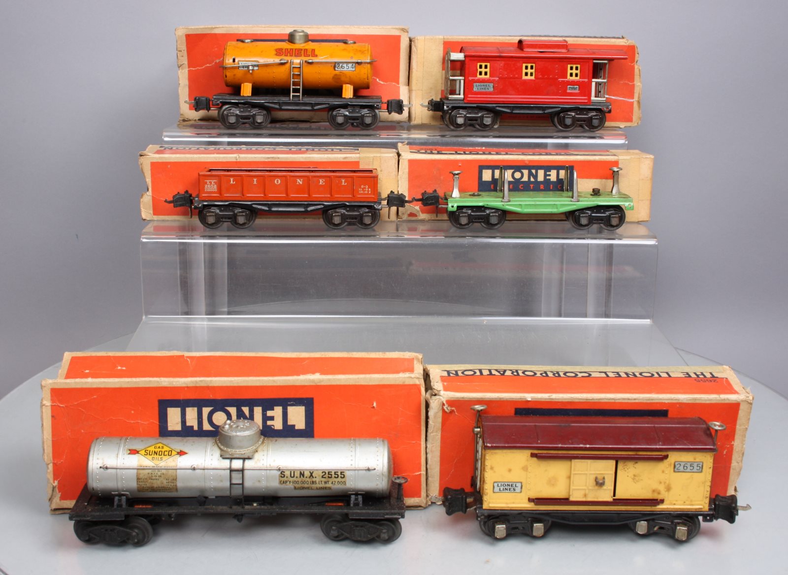 Lionel O Gauge Prewar Freight Cars 2555, 2651, 2652, 2657, 2655 & 2654
